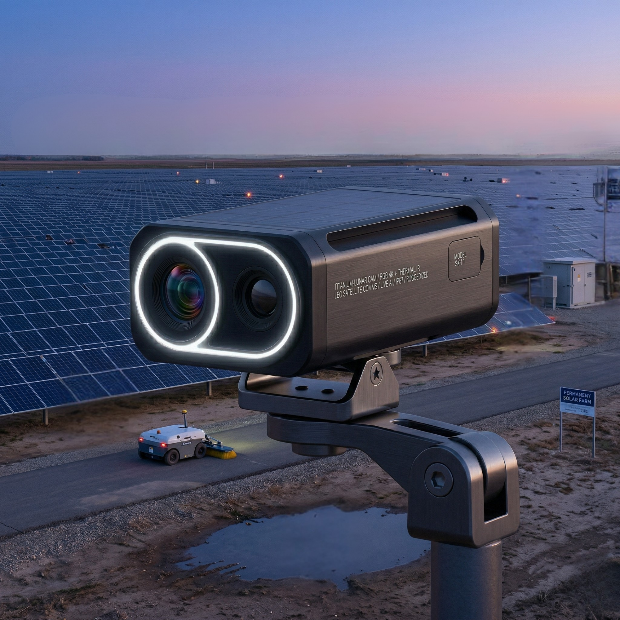 Sentinel monitoring solar farm at dusk